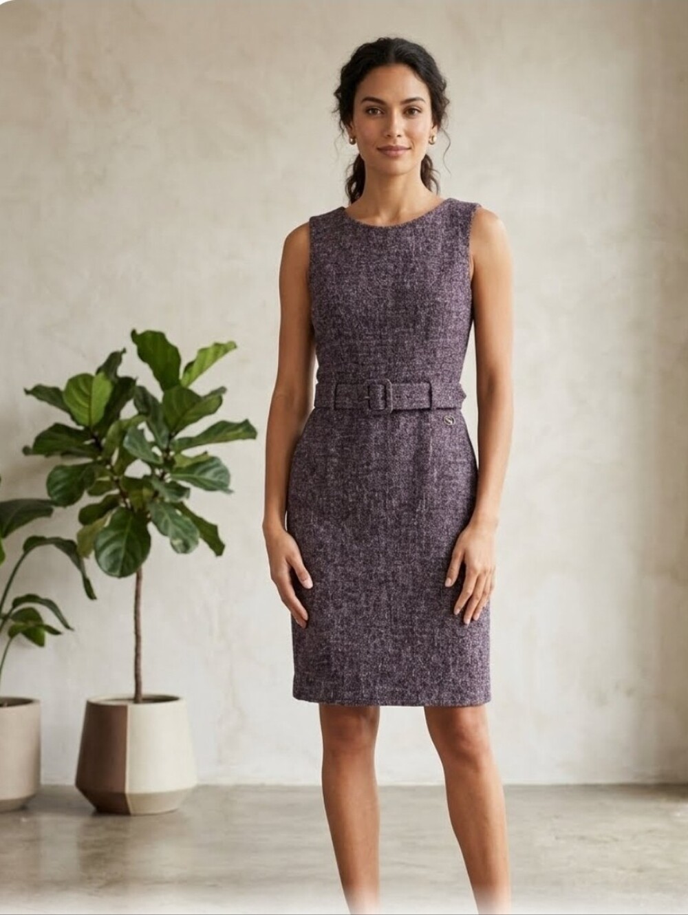 Banana Republic Tweed Sheath Dress Zip 10 WoolBlend Belted Slvelss Pockets Lined